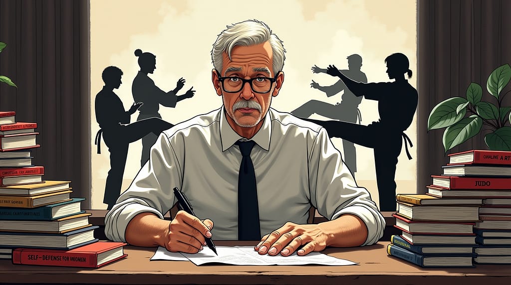 Flux Dev Bruce Tegner at a desk surrounded by his martial arts 1