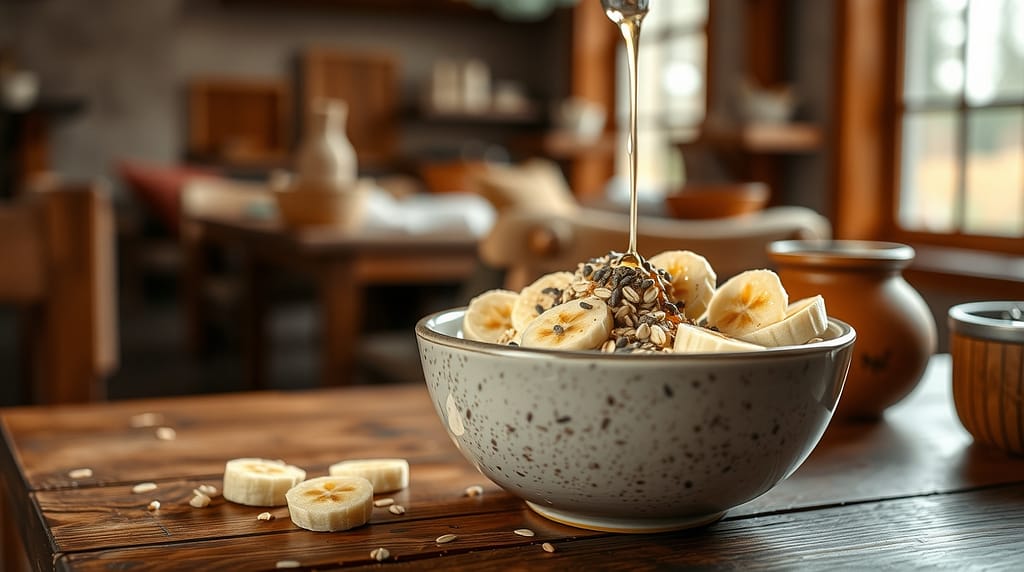 Flux Schnell Artistic breakfast scene with a warm oatmeal bana 0