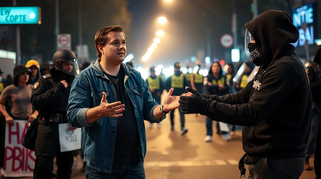Flux Schnell DeEscalation MomentA man in casual clothes stands 0