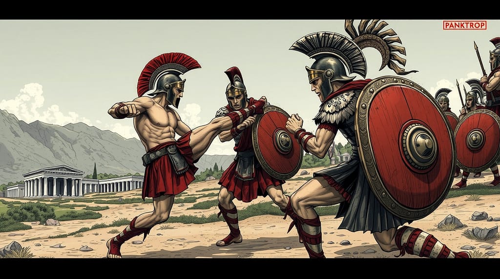 Flux Schnell Spartan soldiers practicing Pankration in a rugge 1