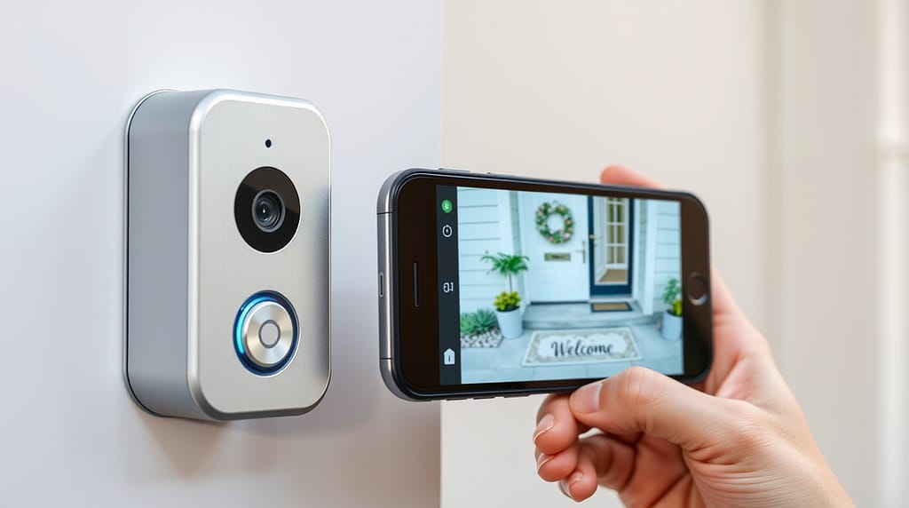 Flux Schnell Closeup of a sleek smart doorbell camera with a h 1