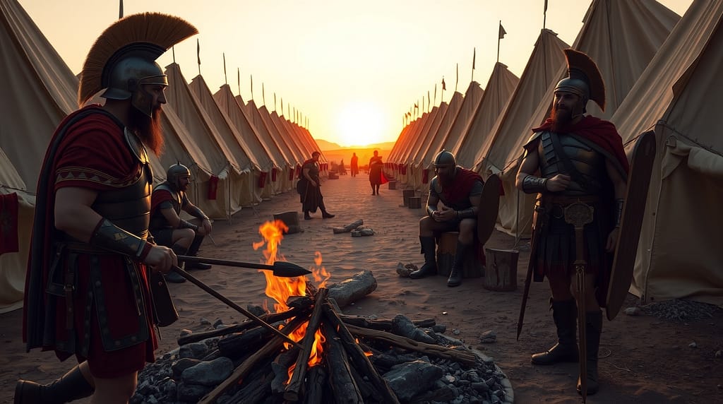 Flux Schnell Roman camp scene with rugged soldiers wearing hel 1