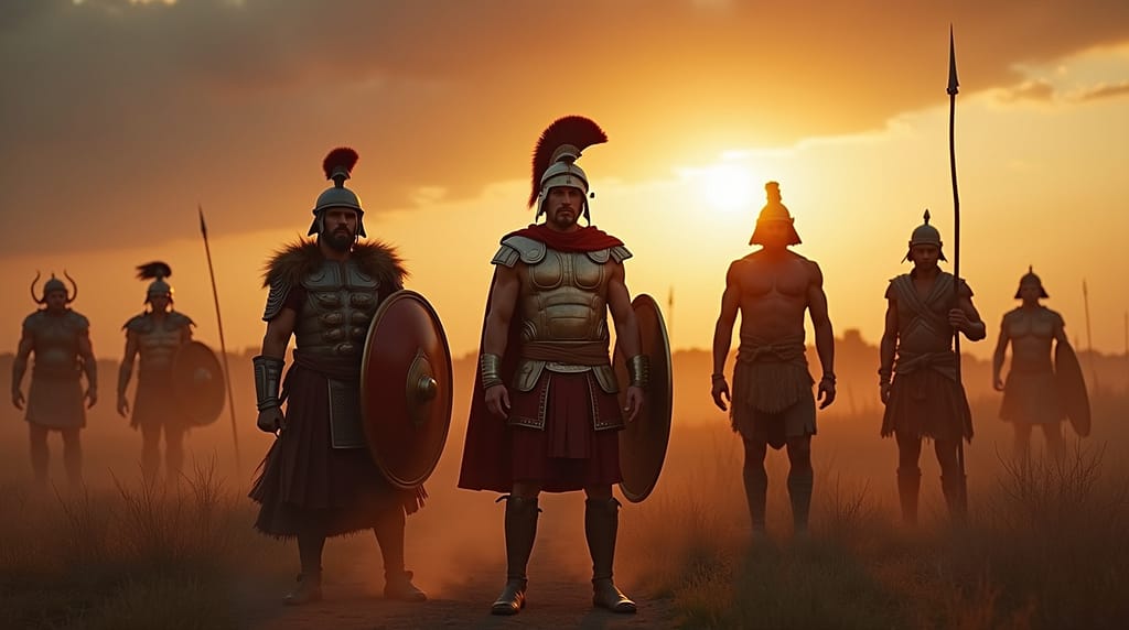 Flux Dev Ancient warriors from different cultures standing on 1