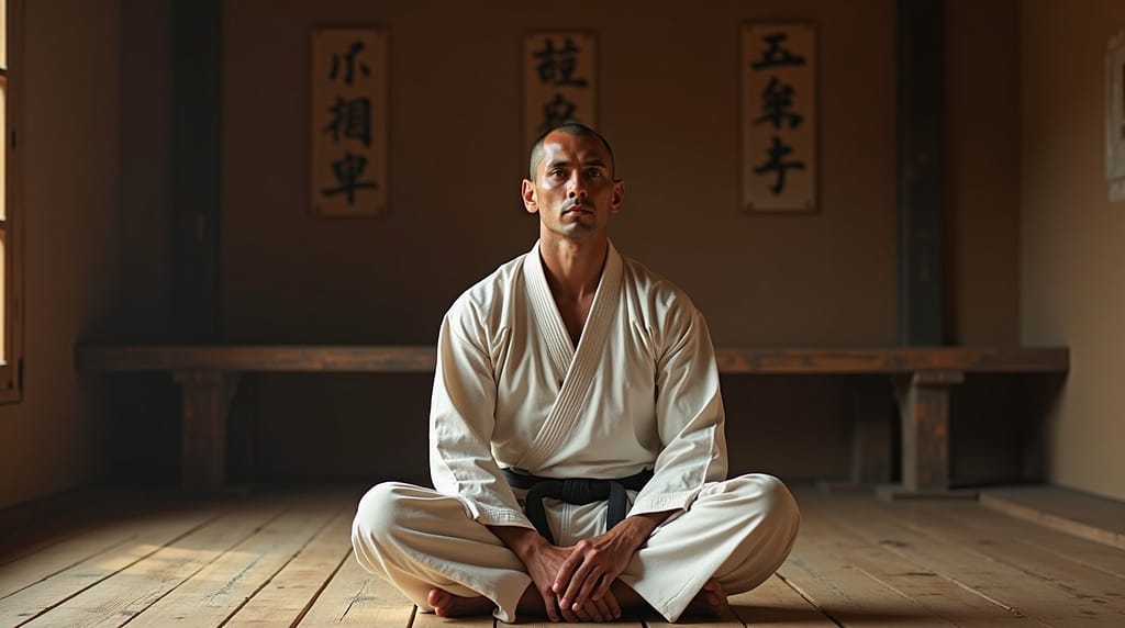 Flux Dev Martial artist sitting calmly on a traditional wooden 0