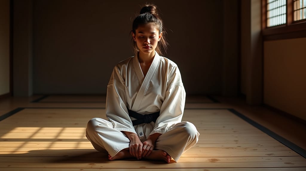 Flux Dev Martial artist sitting calmly on a traditional wooden 1