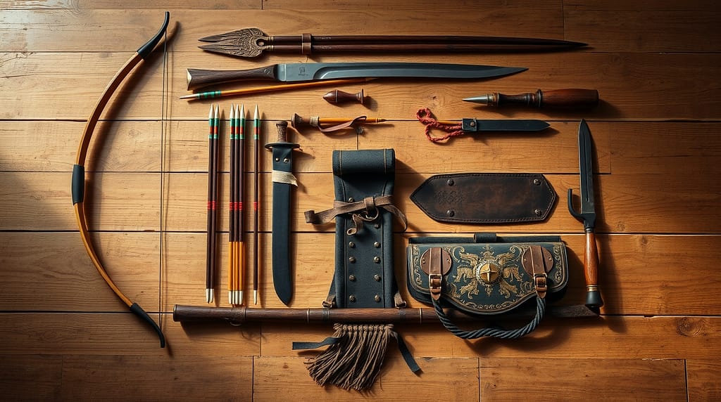 Flux Schnell Mongol weapons laid out neatly Composite bow arro 0 1