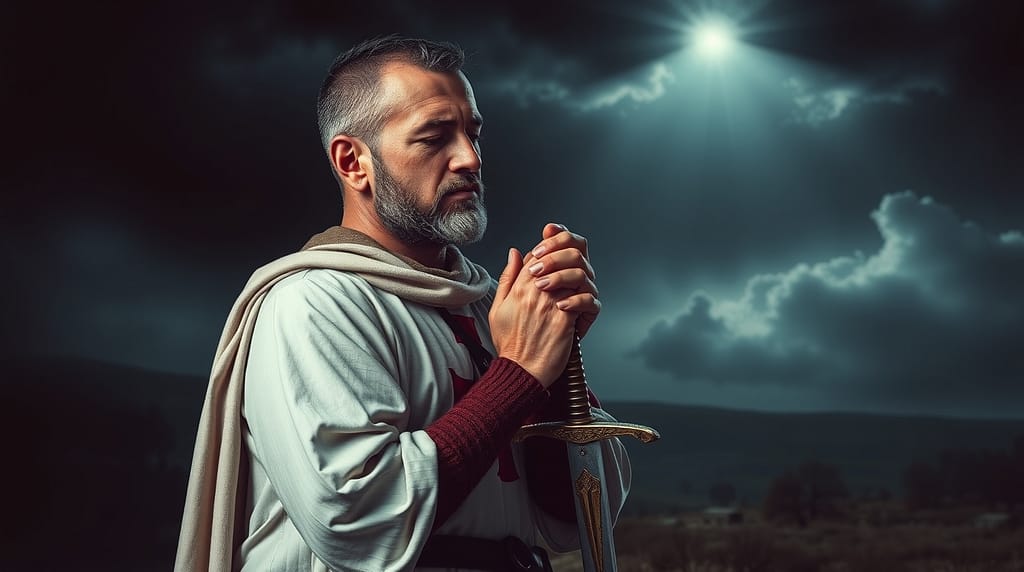 Flux Schnell Warrior monk Templar kneeling in contemplative pr 0