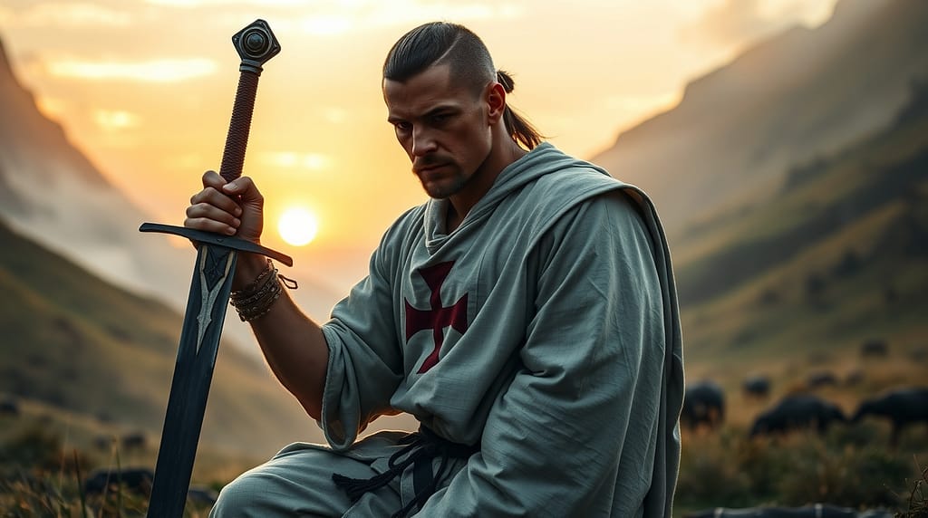 Flux Schnell Warrior monk Templar kneeling in solemn prayer be 1