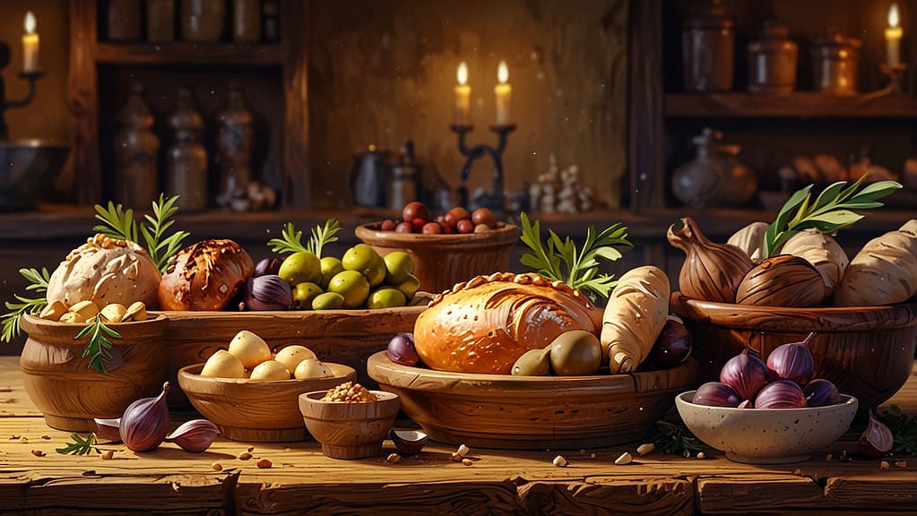 Leonardo Anime XL Closeup of ancient Roman food display on a w 0