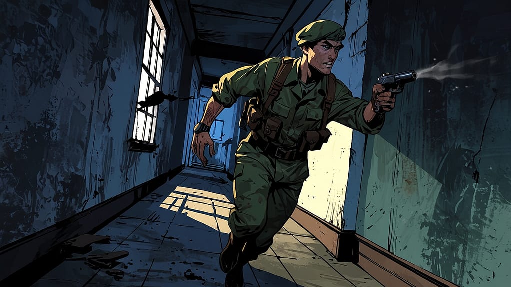 Leonardo Anime XL WW2 Commando soldier moving through dark hal 1 1