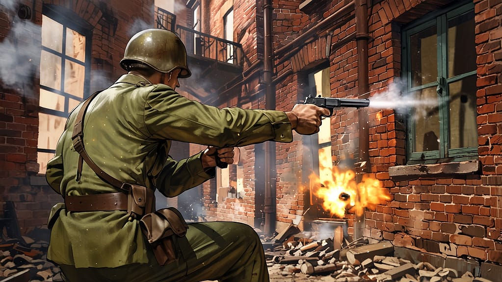 Leonardo Anime XL WW2 soldier firing handgun quickly without a 0 2
