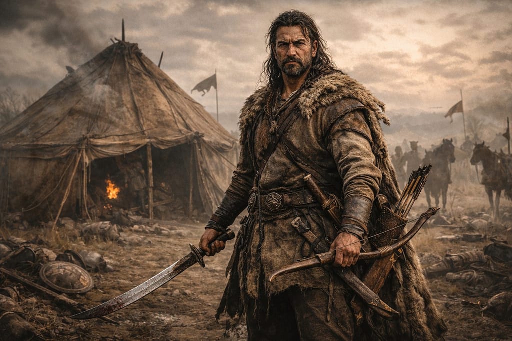 Hun warrior at dawn on the battlefield